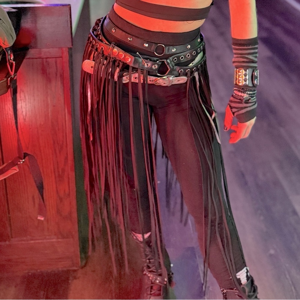 Black fringe leather nomad studded belt ,, double straps